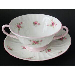 Vintage Shelley Bridal Rose Pink Oleander Handled Cream Soup With Underplate